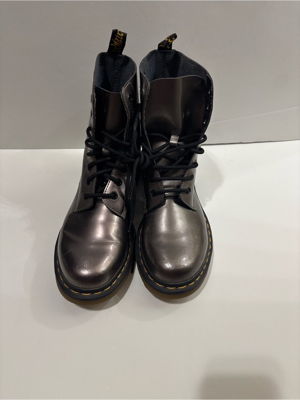 Dr. Martens Metallic Gunmetal Lace-Up Combat Boots - Black/Yellow Stitching